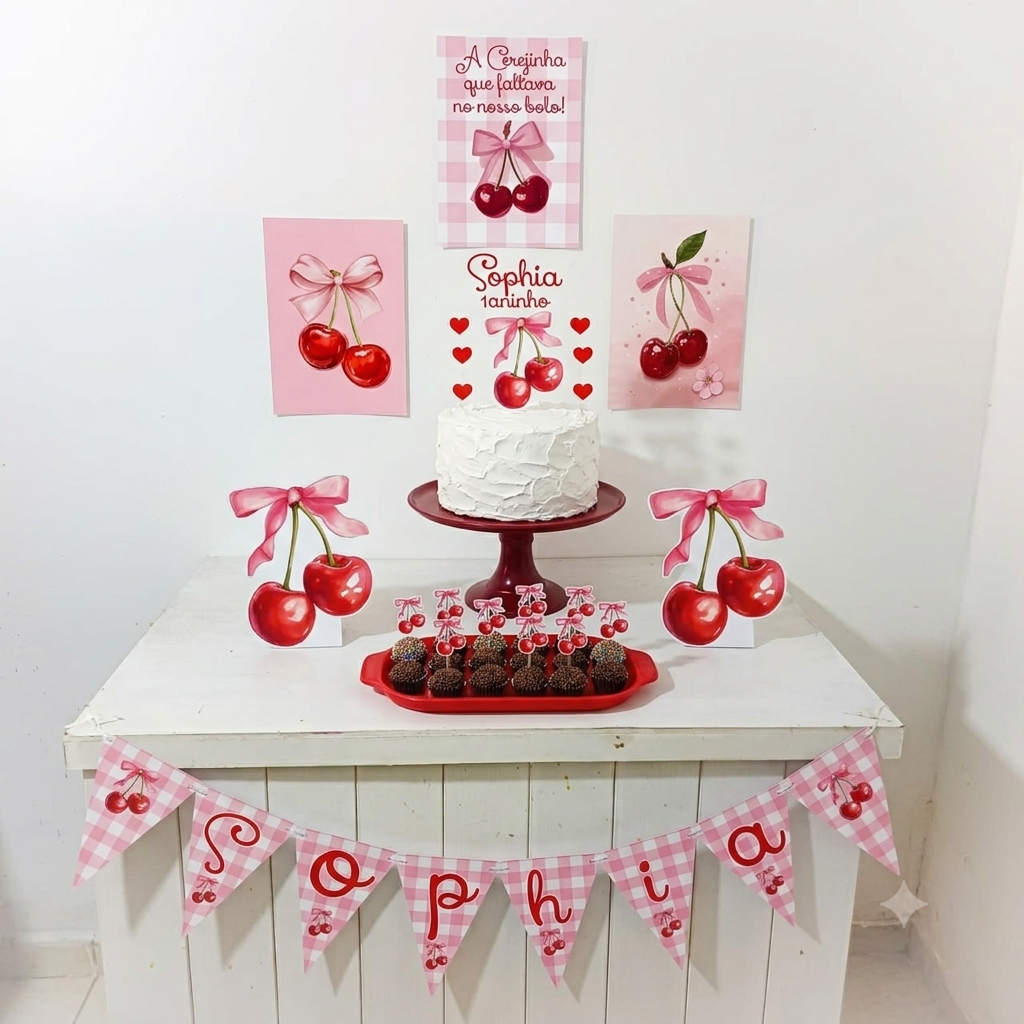 Kit Festa Cerejinha Personalizado Só Um Bolinho Festa em Casa Aniversário Infantil adulto Mesversário lembrancinha