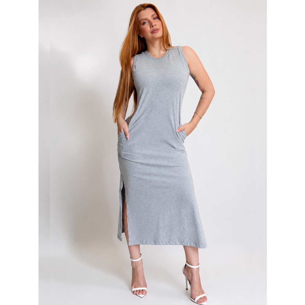 Vestido Feminino Longo Com Bolso Cavado Moda Blogueira Estilosa 100% Algodão