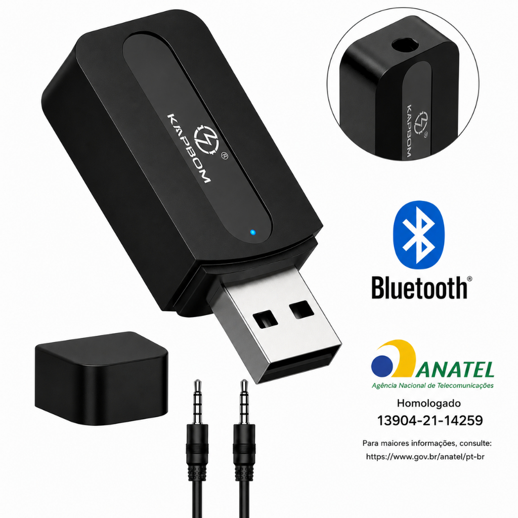 Adaptador Bluetooth USB Receptor de Áudio P2 3,5mm para Caixa de Som PC Notebook Som Carro AUX