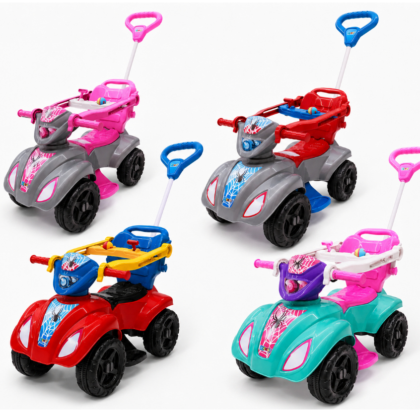 Carrinho de Passeio Quadriciclo Infantil Zociella Com Pedal Empurrador Motoquinha Baby Aranhã Vermelho