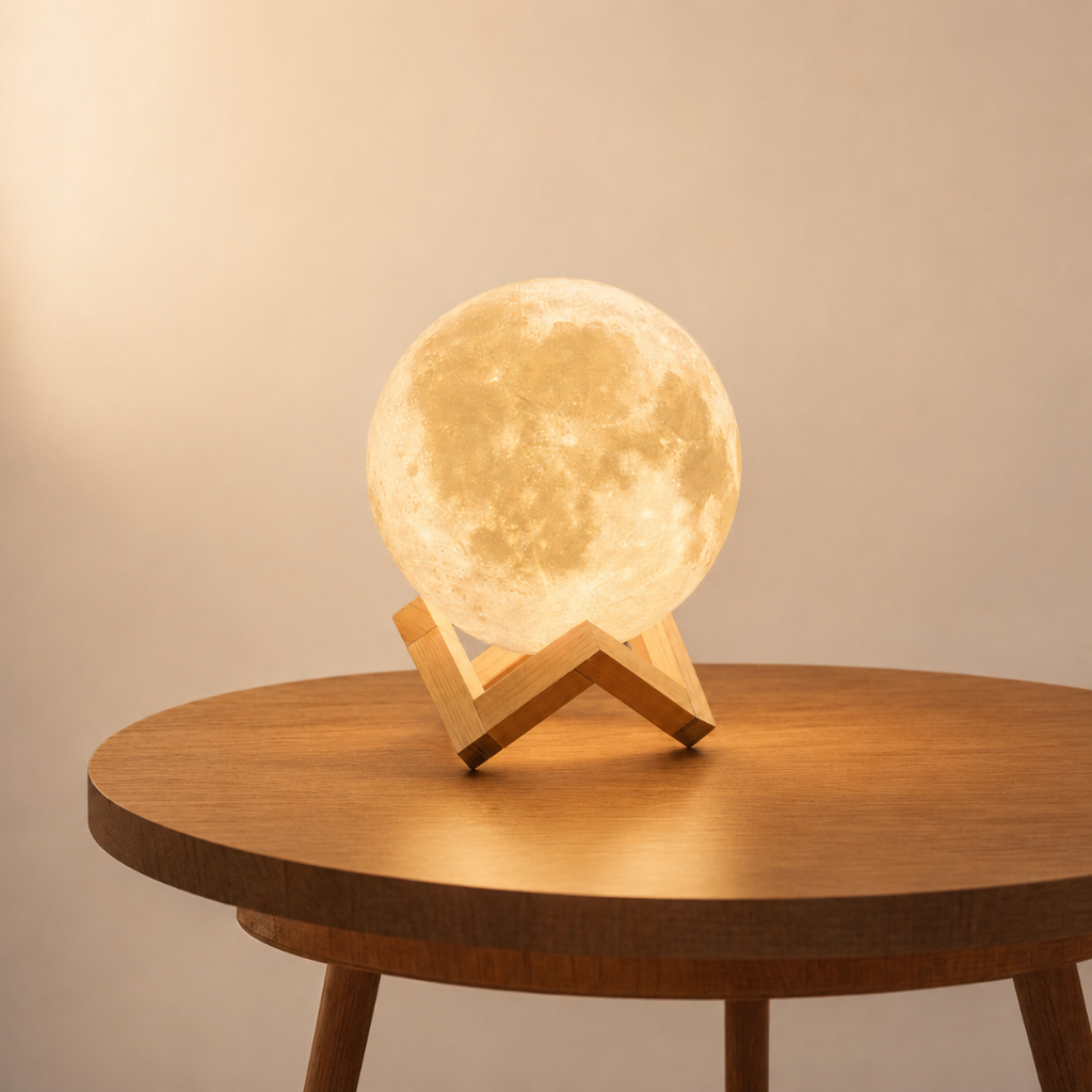 Luminária Lua Cheia 3D LED com Base, Sem Fio e Decorativa
