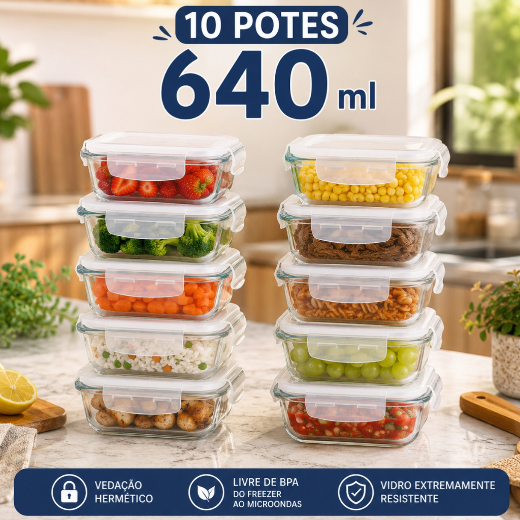 Conjunto 10 Potes de Vidro 640ml Hermeticos para Marmitas Fitness com 4 Travas Forno Microondas Kit