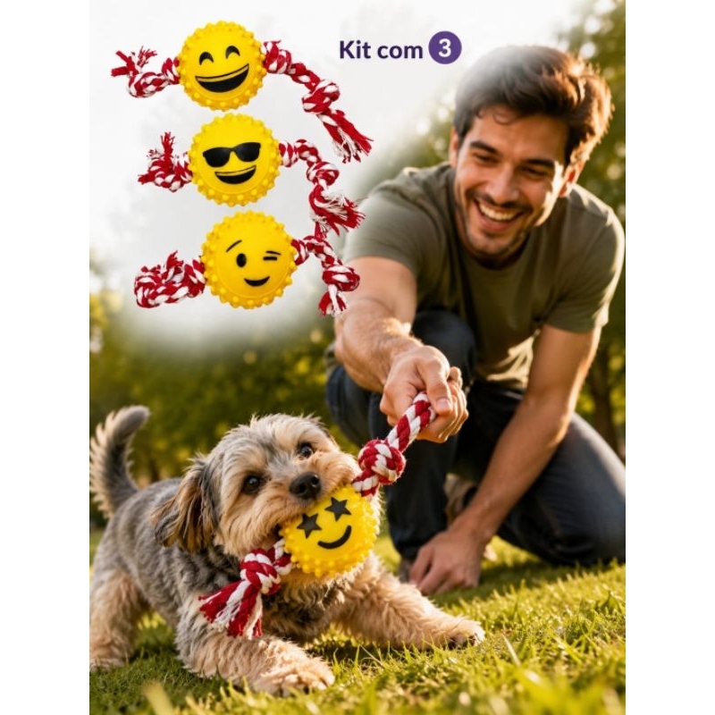 Bolinha Cachorro Com Corda Kit 3 Mordedor Pet Emoji Resistente