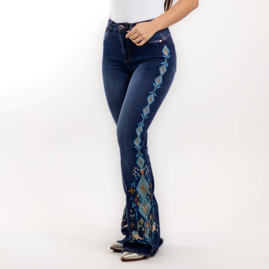 Calça Jeans Feminina Azul Flare Bordada Boho Gold Cowgirl Cintura Alta Elastano Modeladora Texas — imagem 1