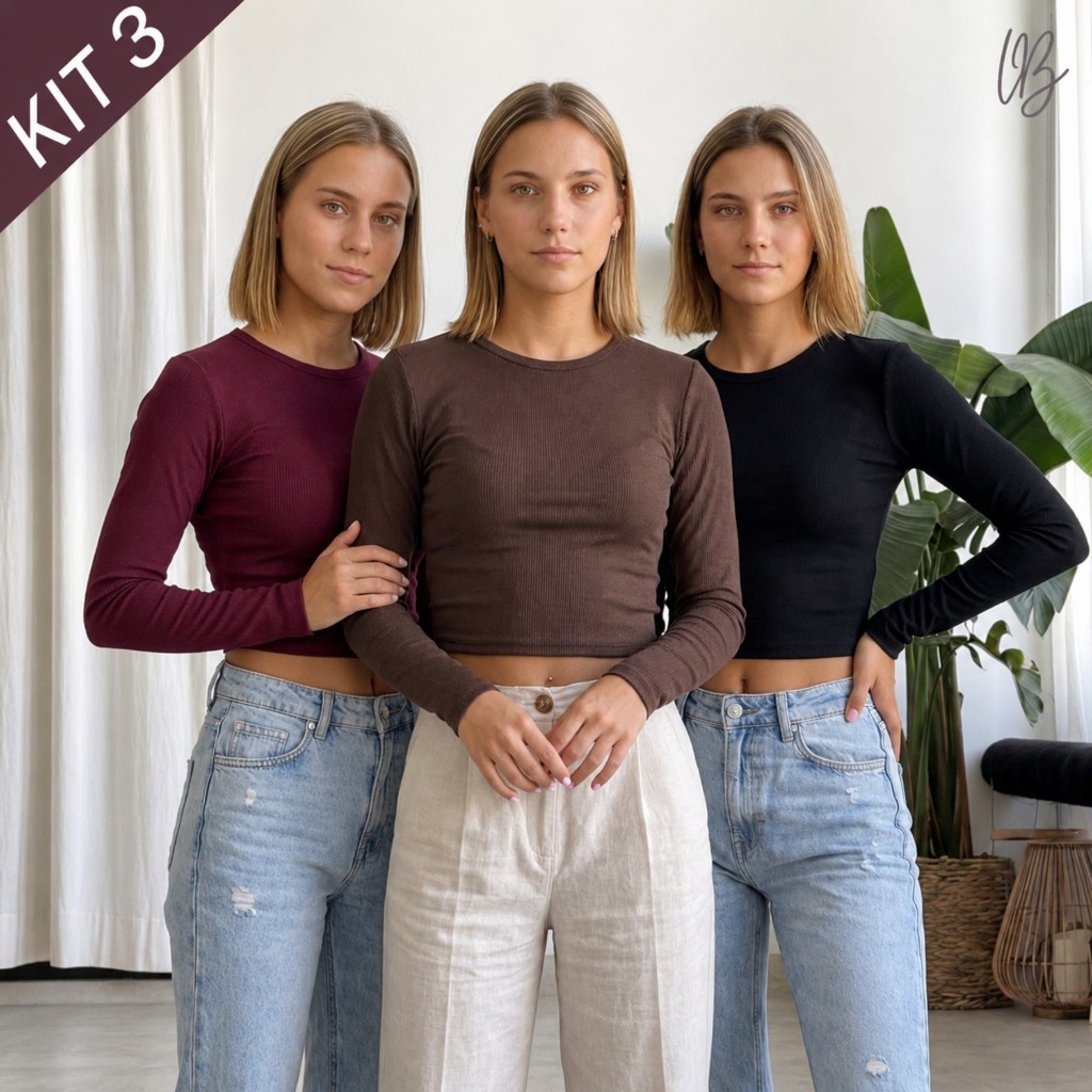 Kit 3 Blusas Cropped Femininas Caneladas Manga Longa Gola Redonda