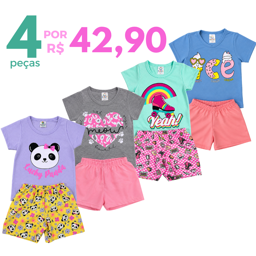 Kit 4 Peças Roupa Infantil Menina Verão Sortidos Estampado Camiseta + Shorts 2 Conjunto