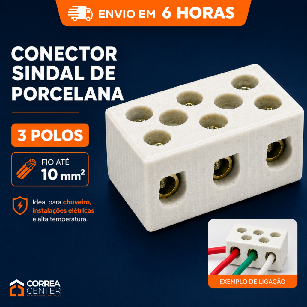 Conector Porcelana Sindal 10mm 3 Polos 1 Unid Chuveiro Torneira Elétrica Eletrica Bornes Emenda