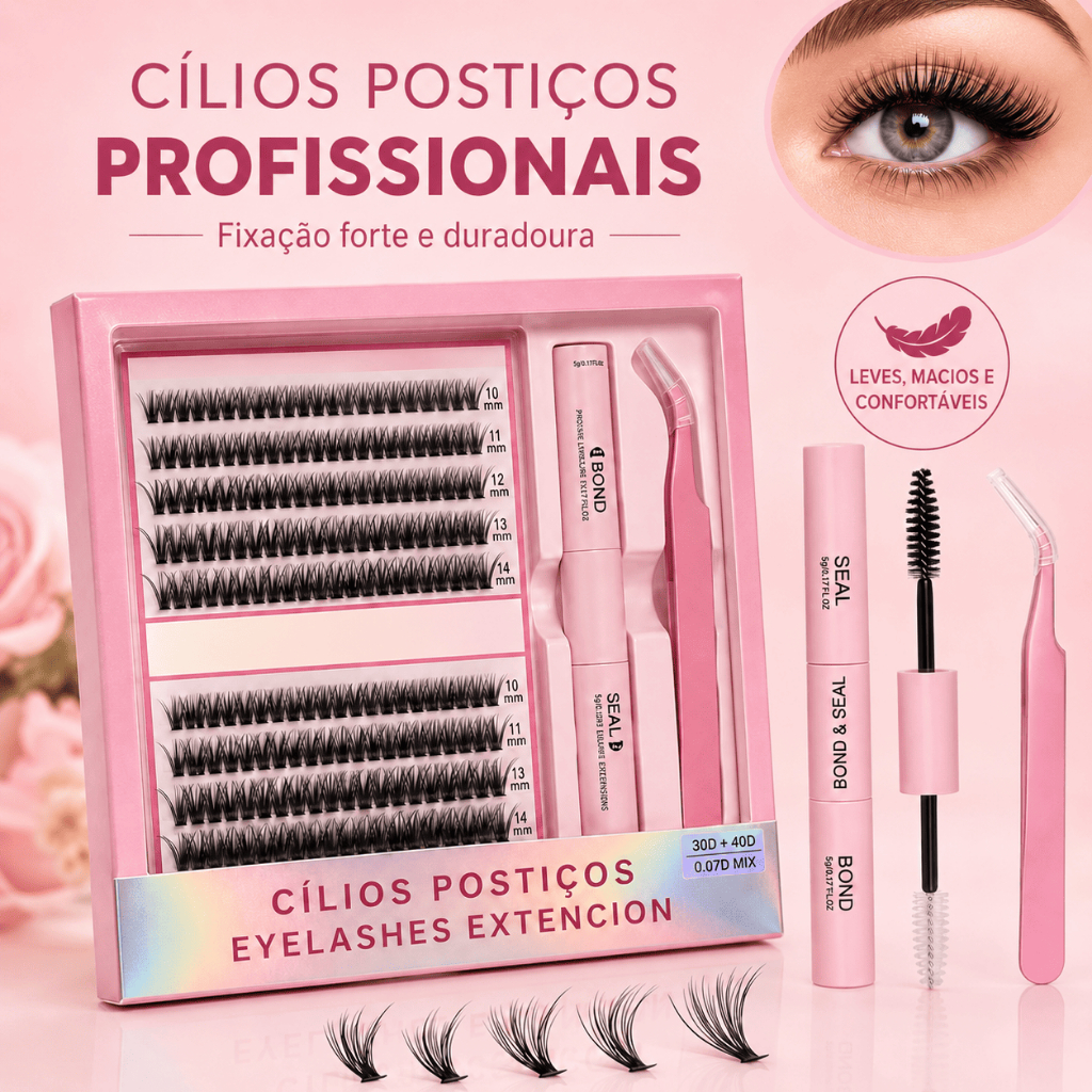 Kit 240 Extensão De Cílios Postiços Tufinho DIY Volume Russo 0.07D Wispy Manga Mix Com Cola E Pinça