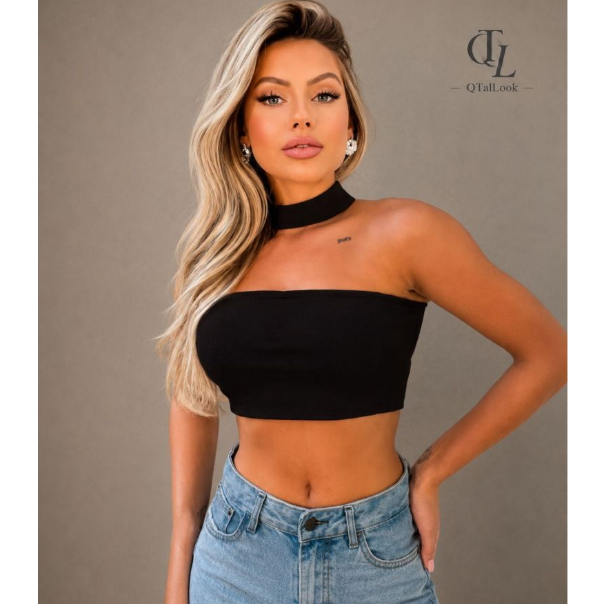 Cropped Feminino Canelado Tomara que Caia com Gola - Casual - Elegante - Moda Blogueira Premium