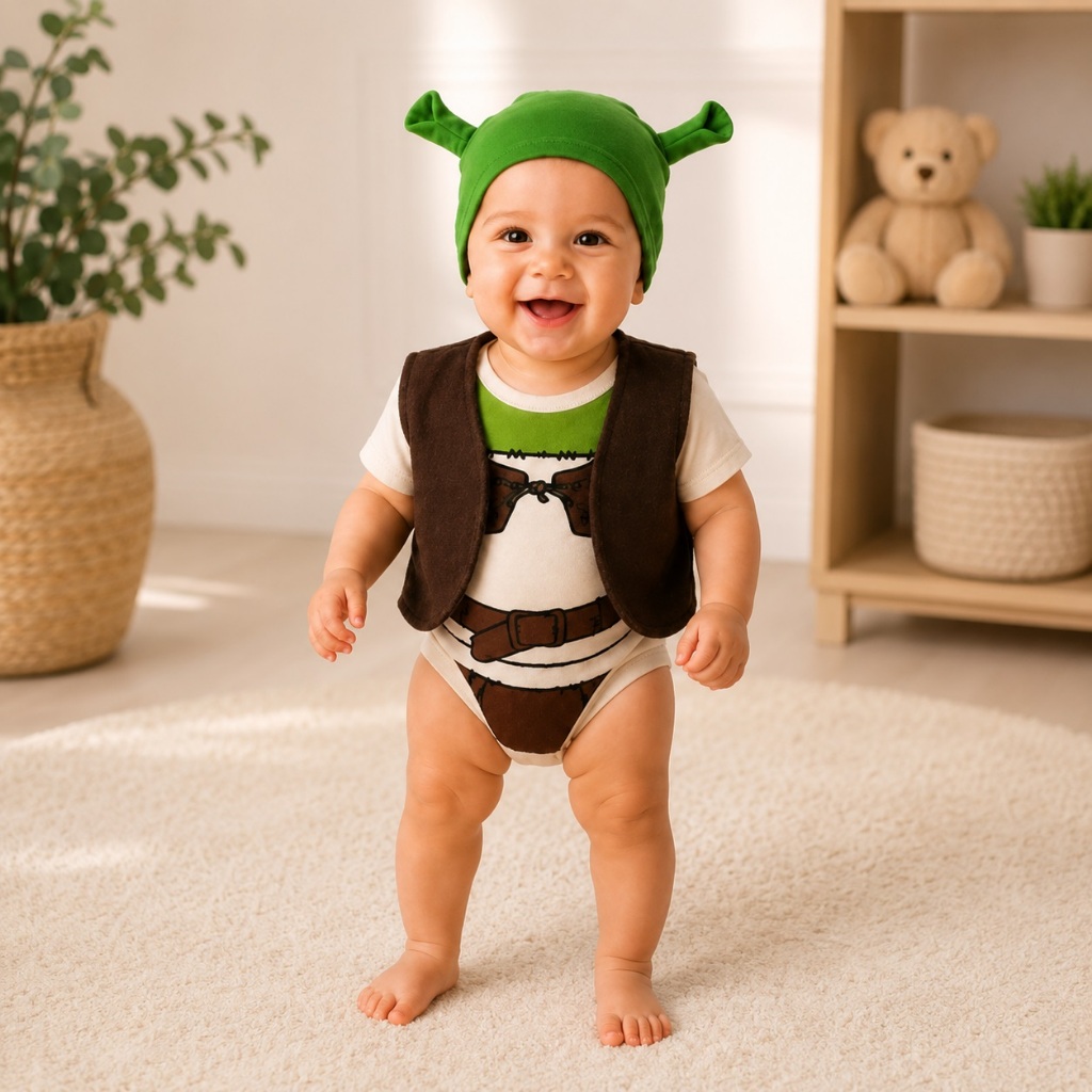 Body Shrek Bebê Mesversário Temático Touca e Colete Fantasia Ensaio — imagem 2 de 2