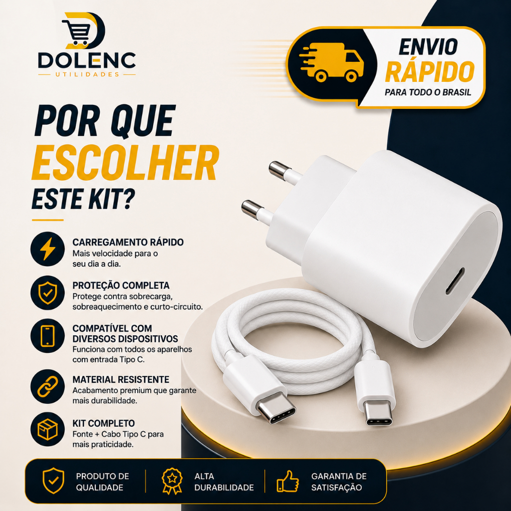 Kit Fonte Carregador USB-C + Cabo Tipo C Carregamento Rápido Compatível Android — imagem 2 de 2