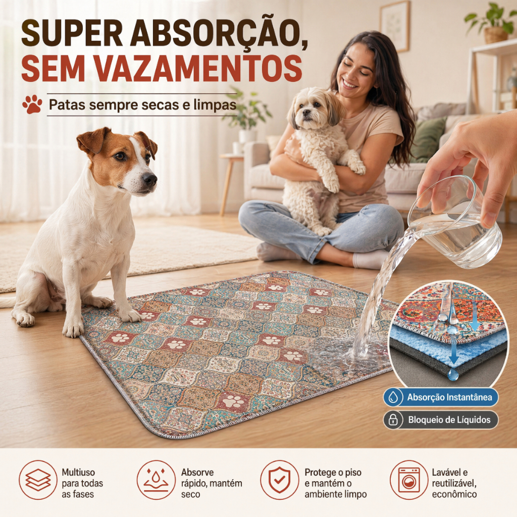 Newpet Tapete Higiênico Lavável Estilo Boêmio 80x60cm para Cachorro Super Absorvente Impermeável Reutilizável