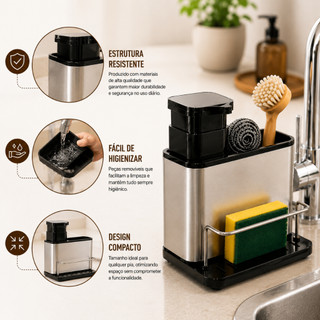 Organizador de Pia Porta Detergente Dispenser Inox Suporte para Esponja Escova Cozinha Co…