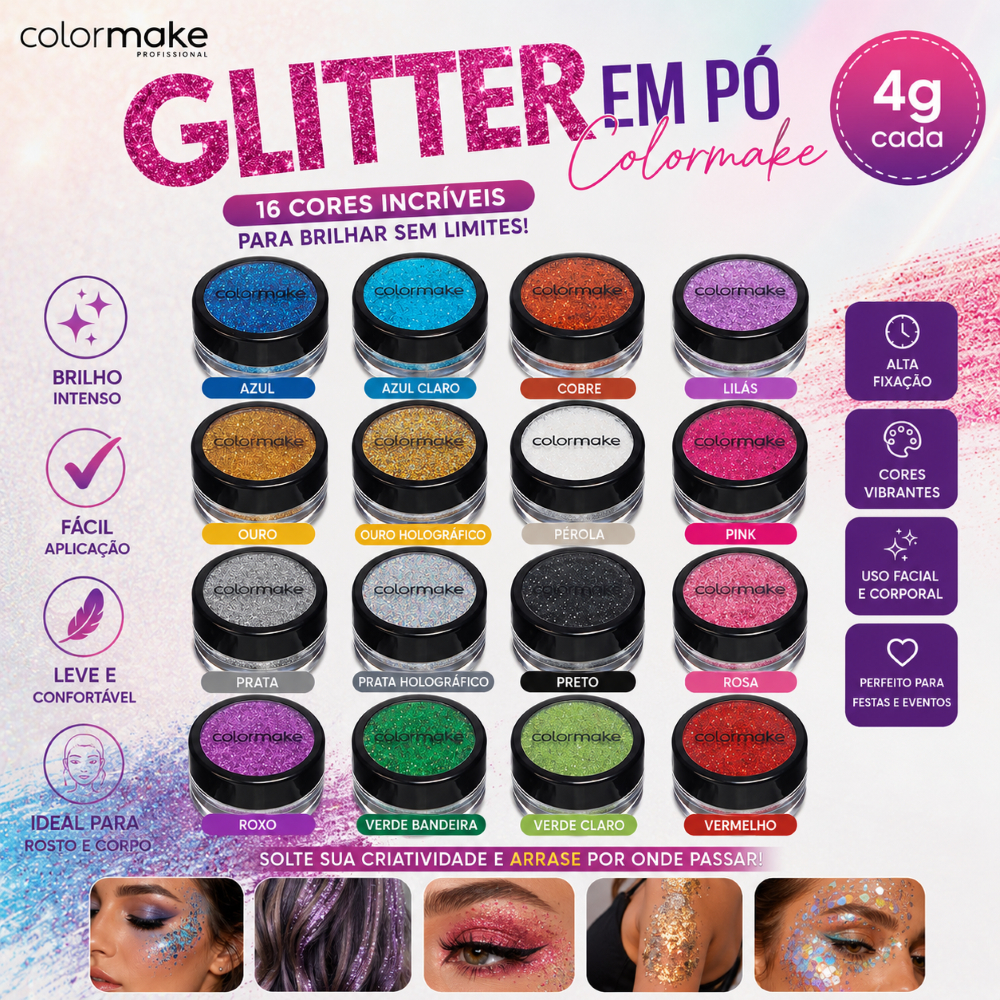Glitter em Pó Colormake 4g Maquiagem Artística Rosto Corpo Brilho Intenso Alta Fixação