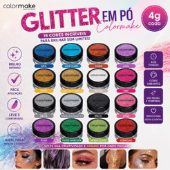 Glitter em Pó Colormake 4g Maquiagem Artística Rosto Corpo Brilho Intenso Alta Fixação
