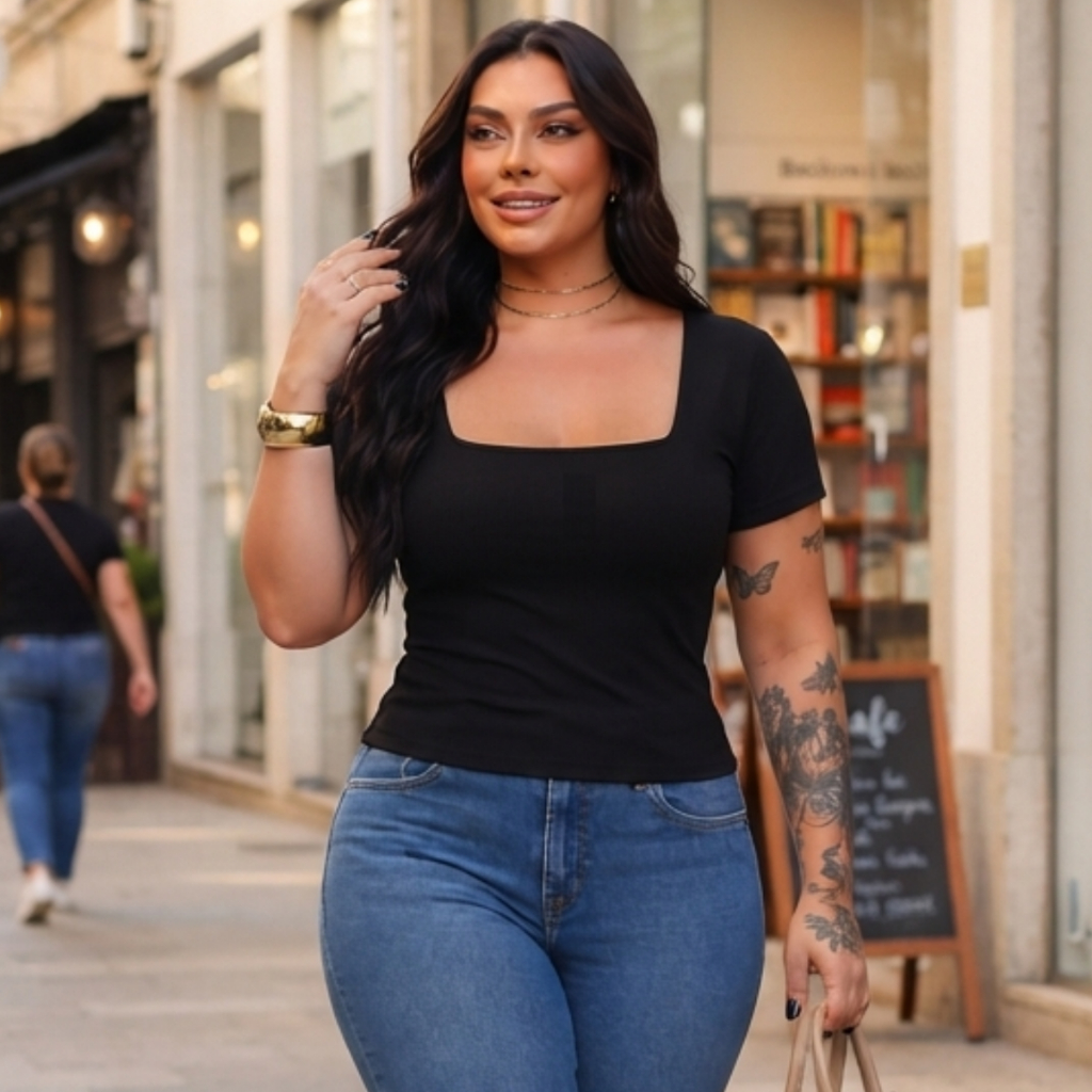 Blusa Feminina Básica Baby Look Com Decote Quadrado Moda Casual Versátil Blogueira alta elasticidade