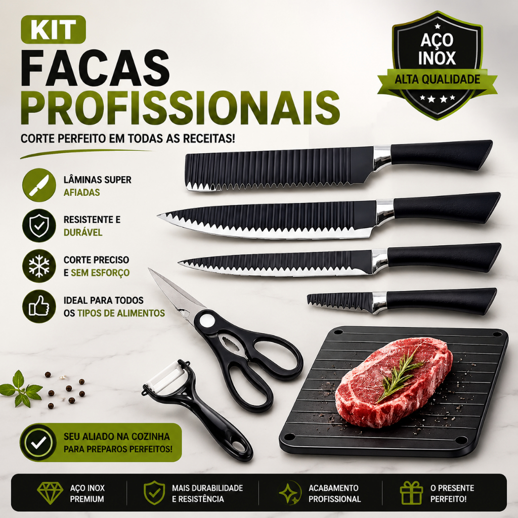 Faca de Cozinha Jogo de Facas Aço Inox 6 Peças + Tabua de Carne Descongelamento Rápido ...