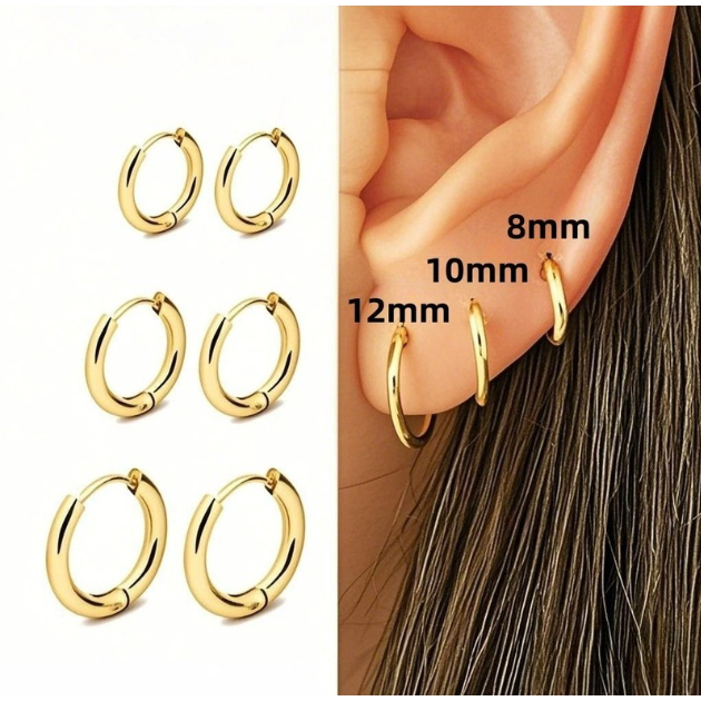 Kit 3 Pares Trio de Brincos Argola Fina em Aço Inoxidável – (8mm, 10mm, 12mm) Dourado ou Prata | Elegantes e Duráveis