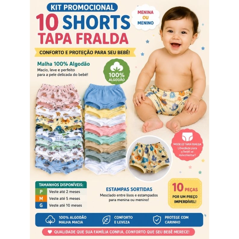 Kit 10 Shorts Tapa-Fralda para Bebê | 100% Algodão | P M G | Menino e Menina