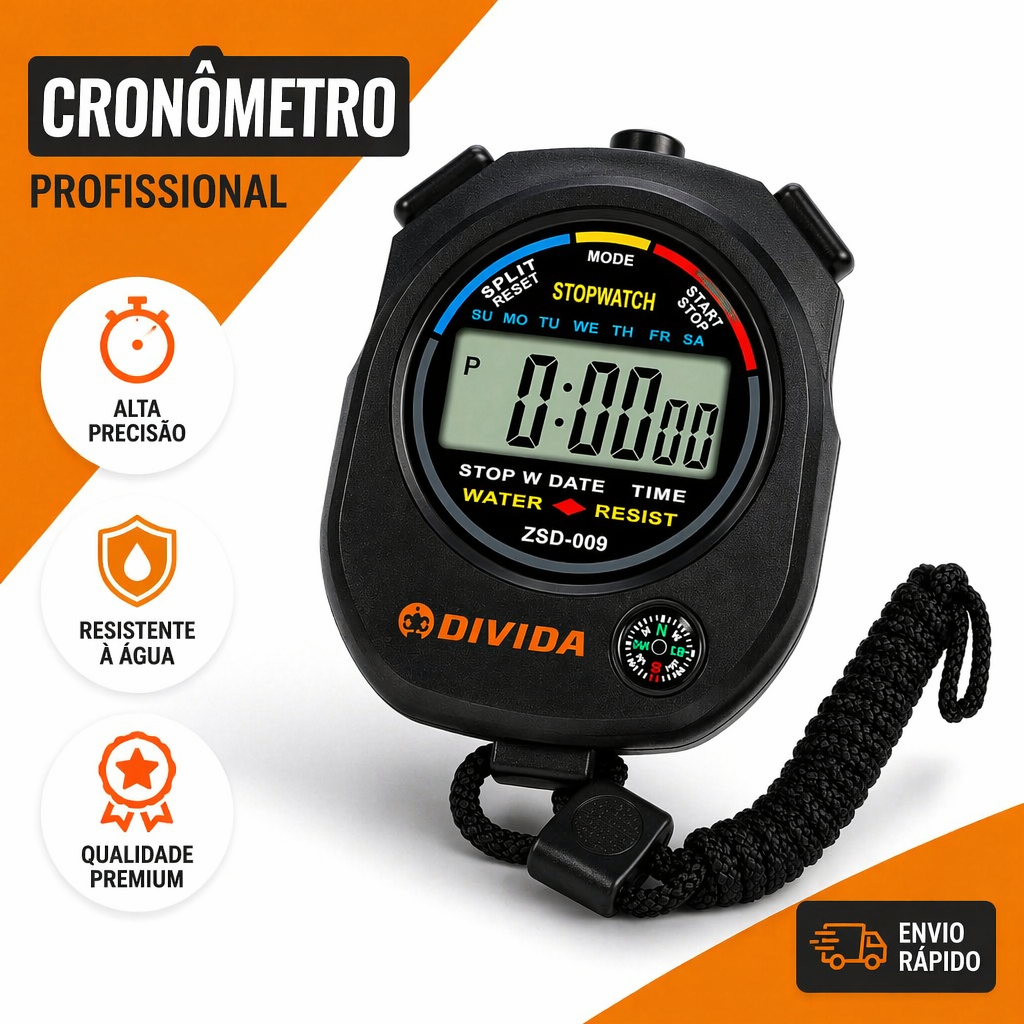 Cronômetro Digital Profissional 1/100s com Alarme Relógio Esportivo de Mão