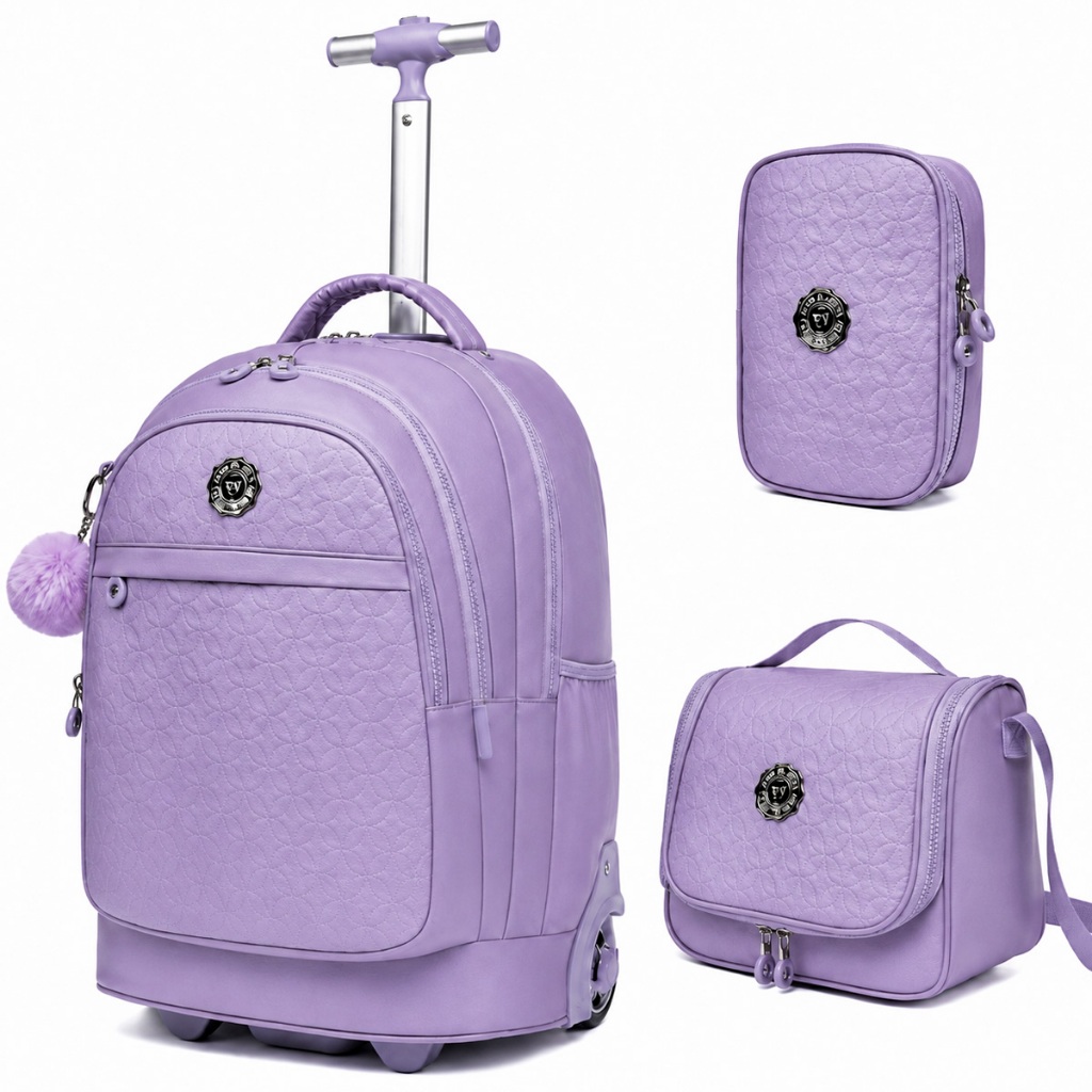 Kit Mochila Juvenil Primicia Escolar Estojo Lancheira Espaçosa Lilás