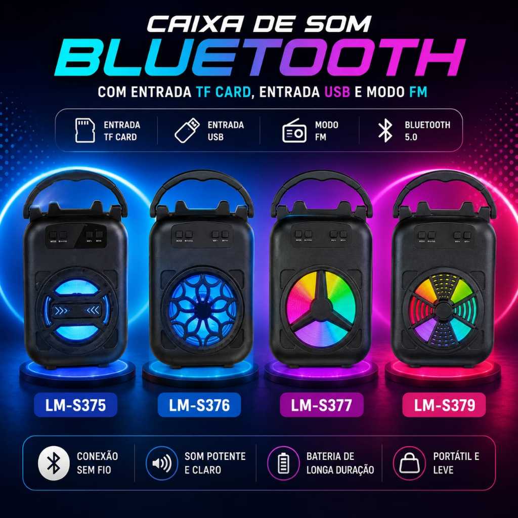 Caixa de som Compacta Bluetooh com LED e suporte para celular, possui entradas USB/TF CARD e função Rádio FM
