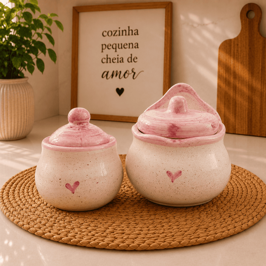 Kit Saleiro e Açucareiro Cerâmica Premium com Tampa | Pote/Porta Condimentos Sal e Açucar Cozinha Decoração e Presente