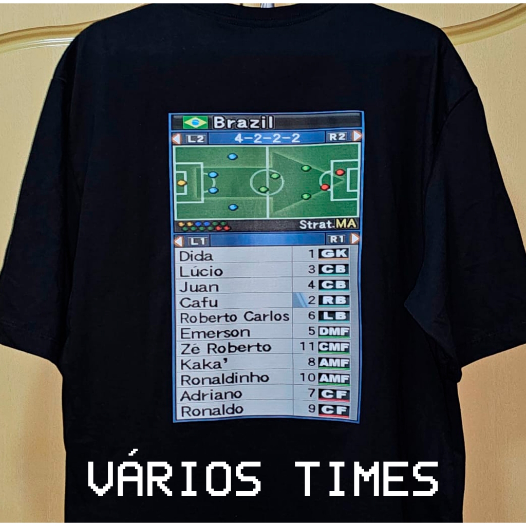 Camiseta Futebol PS2 Escalação - Personalizável - Frente e Costas - Algodão penteado 100%