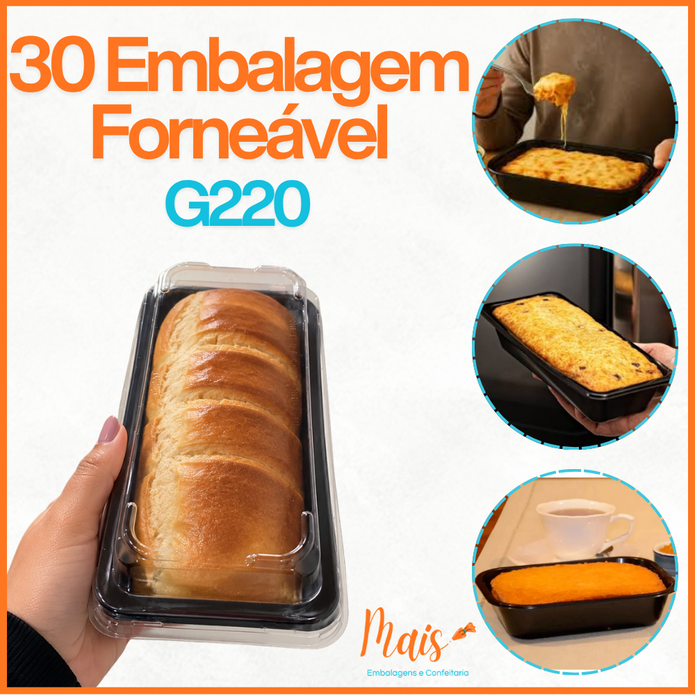 30 un Bandeja Forneável Retangular 500 ml G220 c/ Tampa PET Galvanotek Linha Forno e Microondas