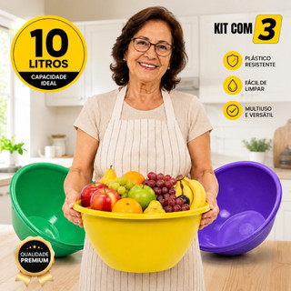 Kit 3 Bacias Plásticas 10L Multiuso Saladeira Tigela Vasilha Cozinha Resistente Empilhável