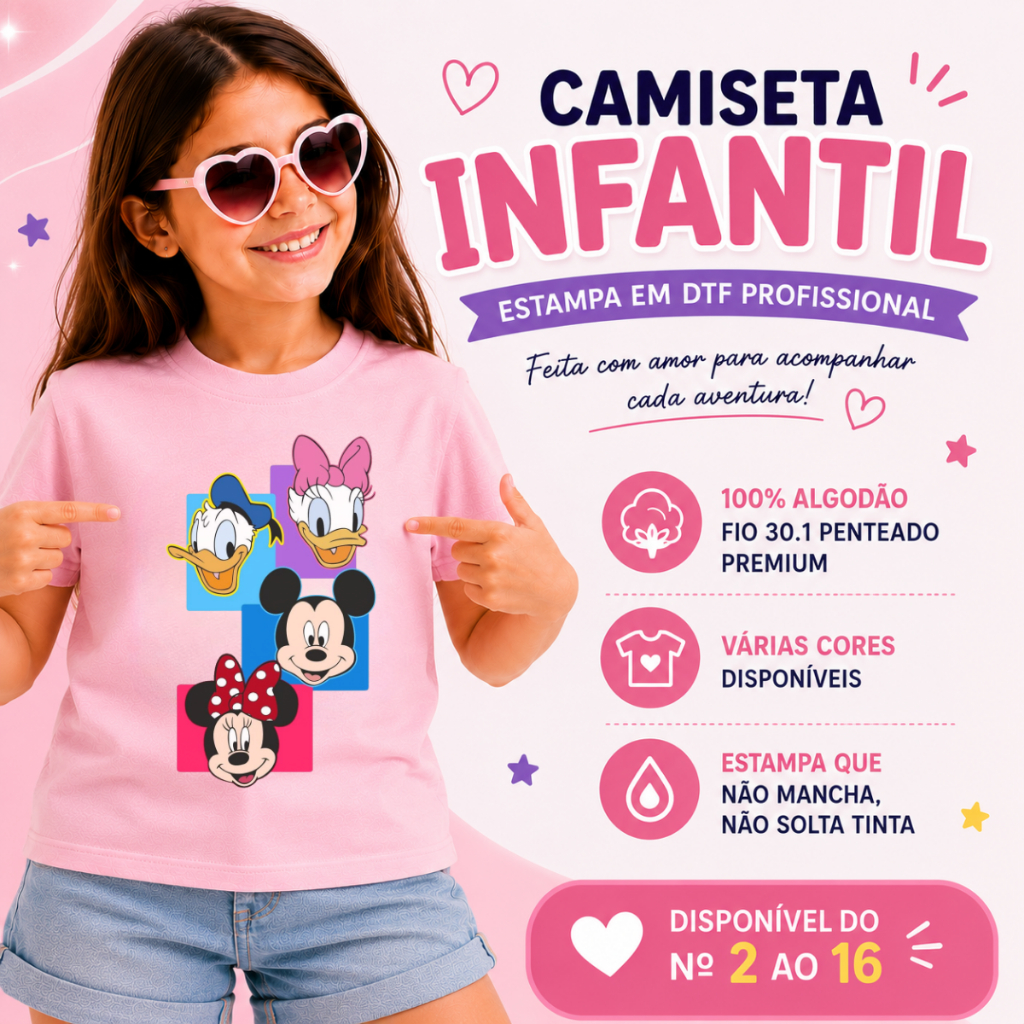 Camiseta Infantil Juvenil Menina T-shirt Feminina Personagens Divertidos