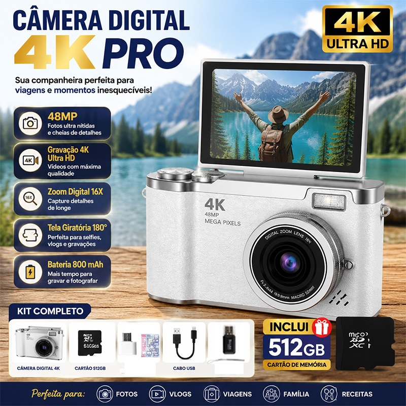Câmera Digital Infantil 48MP 4K com Tela Flip, Zoom 16X para Crianças e Estudantes + Cartão de Memória 512GB Grátis