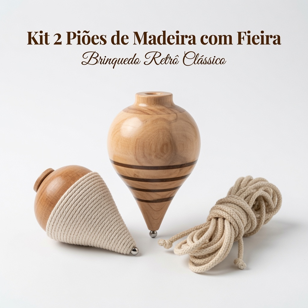 Pião de Madeira com Fieira Kit 2 Unidades Brinquedo Retrô Infantil Educativo Jogo Tradicional