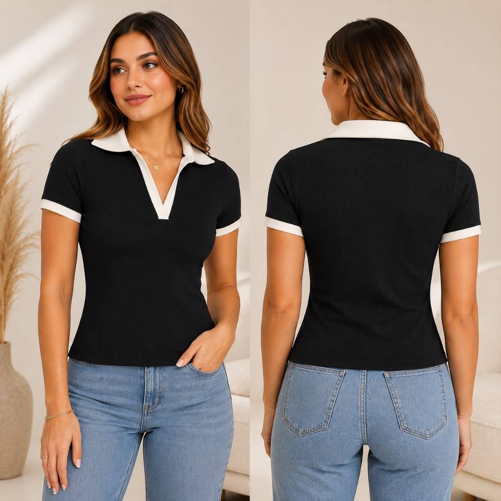 Polo Feminina Gola V Canelada Ribana Slim Casual Confortável - Tamanho Único (Veste do P ao M)