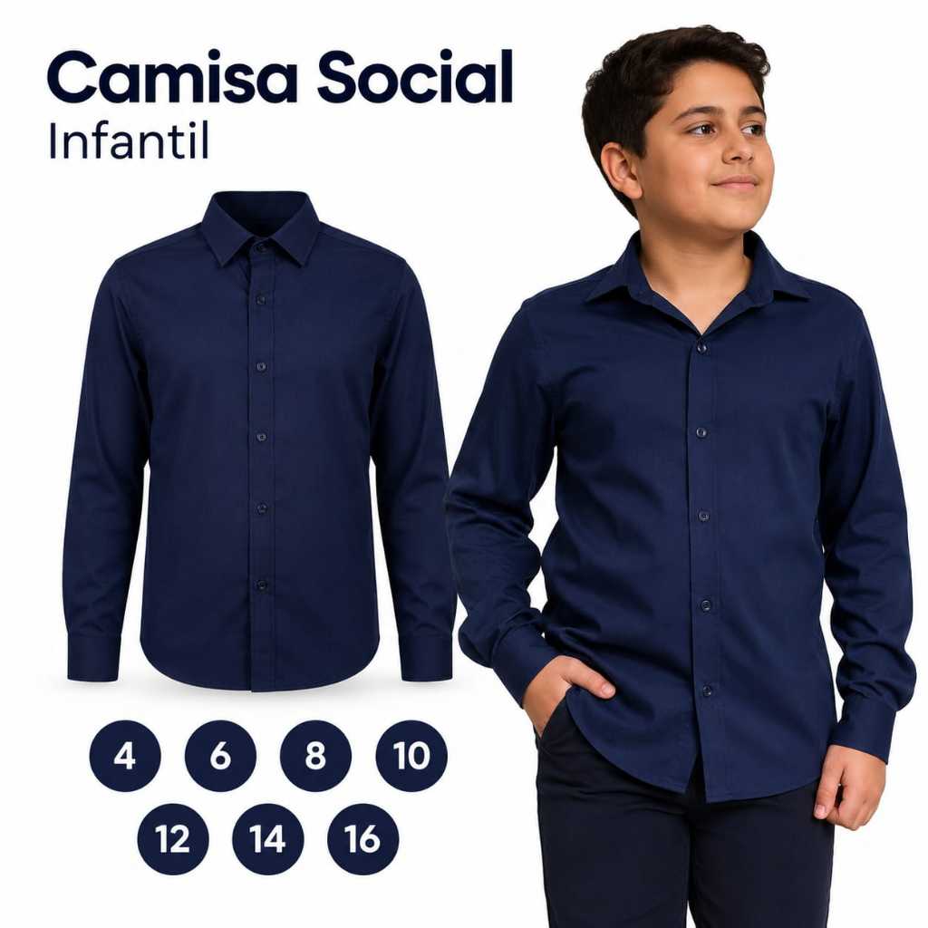 Camisa Social Infantil Azul Marinho Tamanho 4 até 16 anos Qualidade Premium