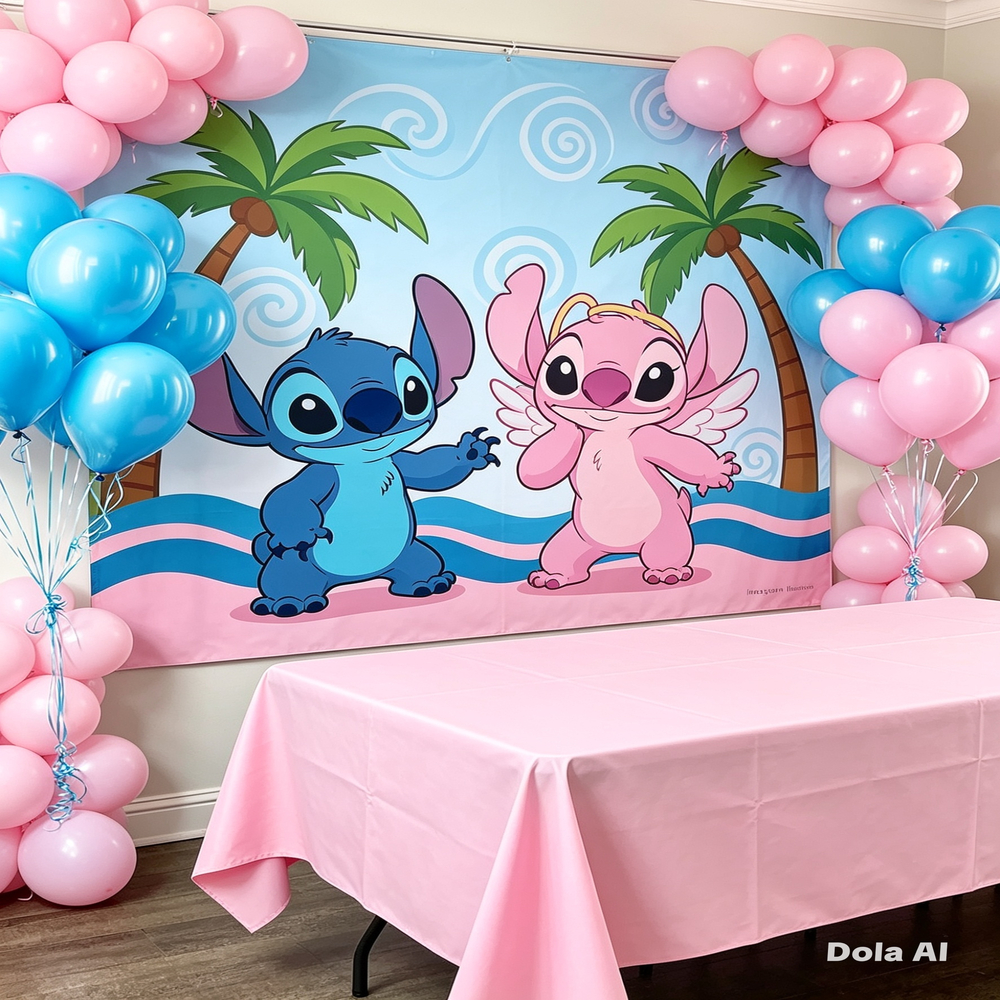 Kit Festa Stitch e Angel Painel TNT + Toalha de Mesa + 100 Balões N7