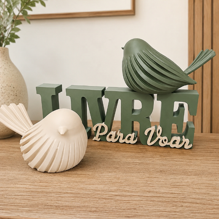 Kit Passarinhos Decorativos com Letreiro | Decoração Moderna Minimalista para Sala, Quarto, Escritório e Mesa