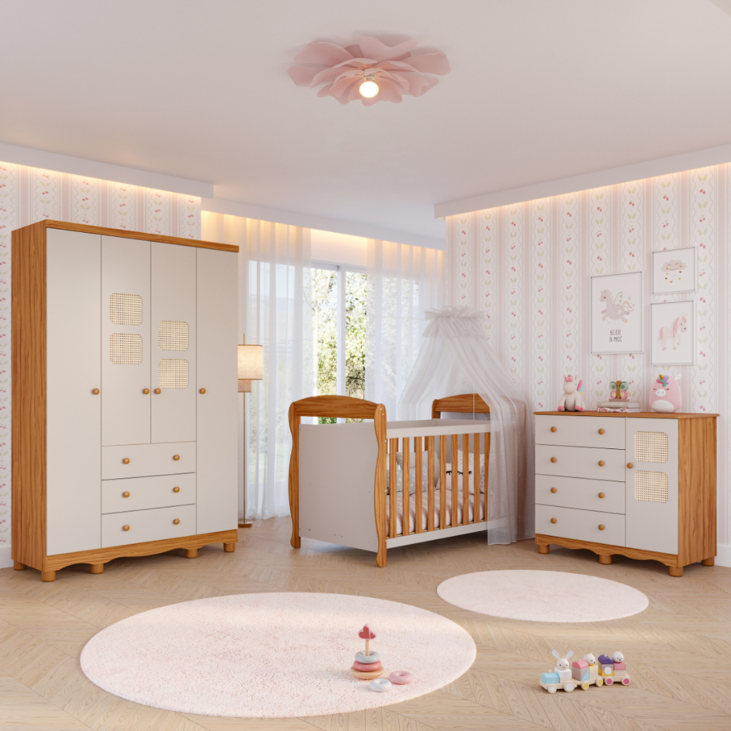 Quarto Bebê Completo Berço Americano Marquesa Guarda Roupas 4 Portas Cômoda Telinha Off White 100%MDF