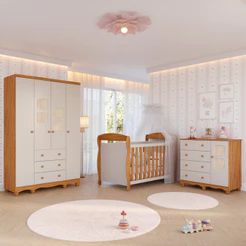 Quarto Bebê Completo Berço Americano Marquesa Guarda Roupas 4 Portas Cômoda Telinha Off White 100%MDF