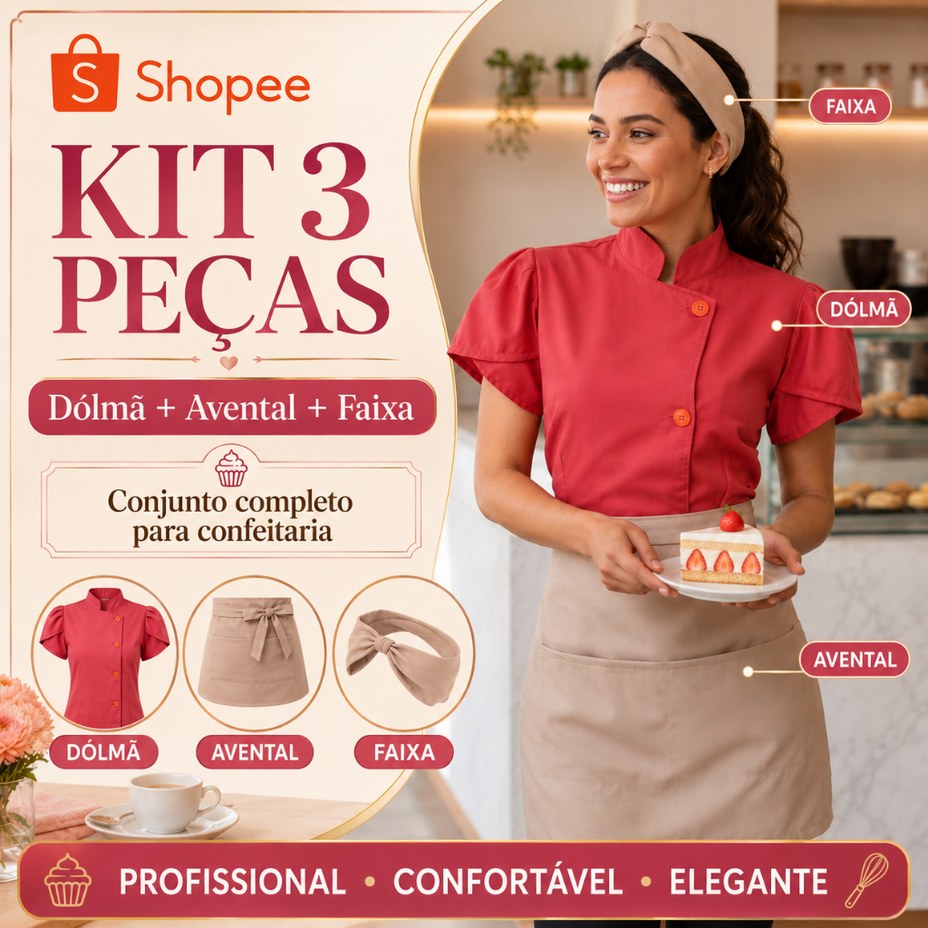 Dolma Chef Feminino Manga Curta GABARDINE PREMIUM Kit com Avental de Cintura e Faixa de Cabelo Caimento Moderno