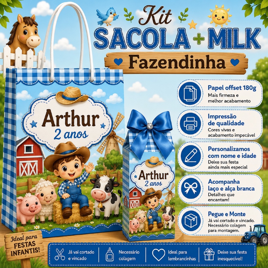 KIT LEMBRANCINHA SACOLA + CAIXINHA MILK FAZENDINHA PERSONALIZADO