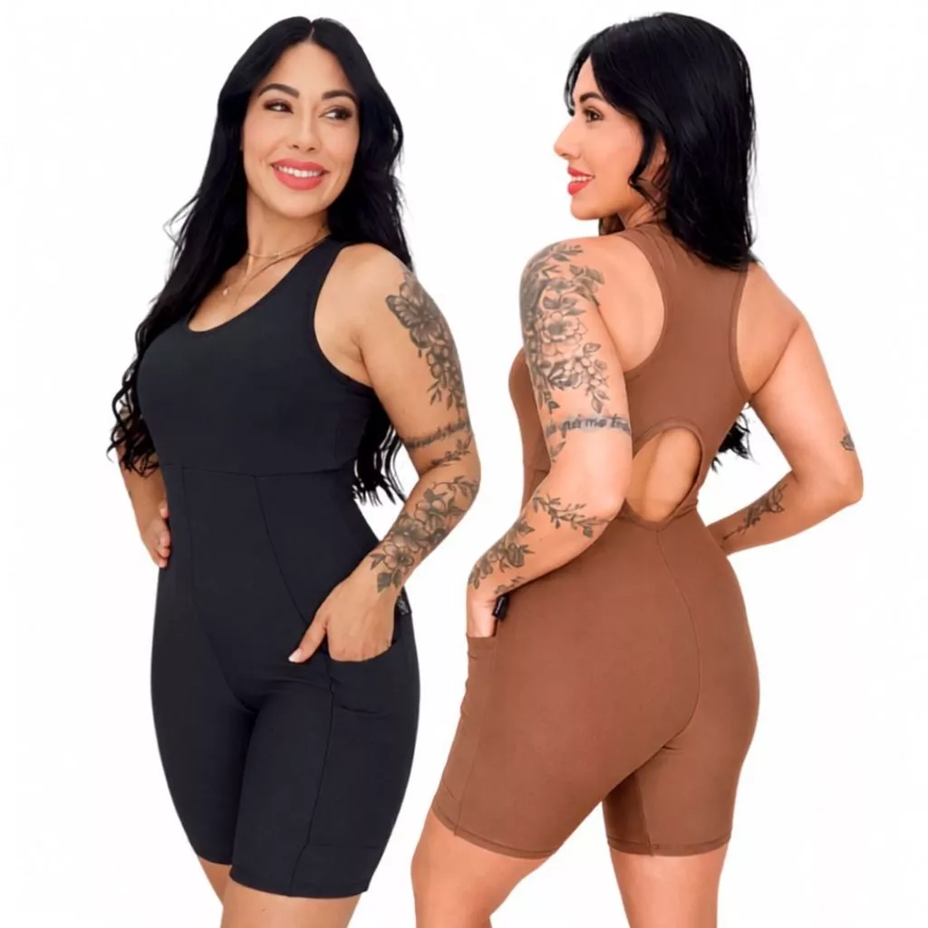 Macaquinho Fitness Feminino Academia Bolso Lateral Zero Transparência Macacão Curto para Malhar — imagem 1