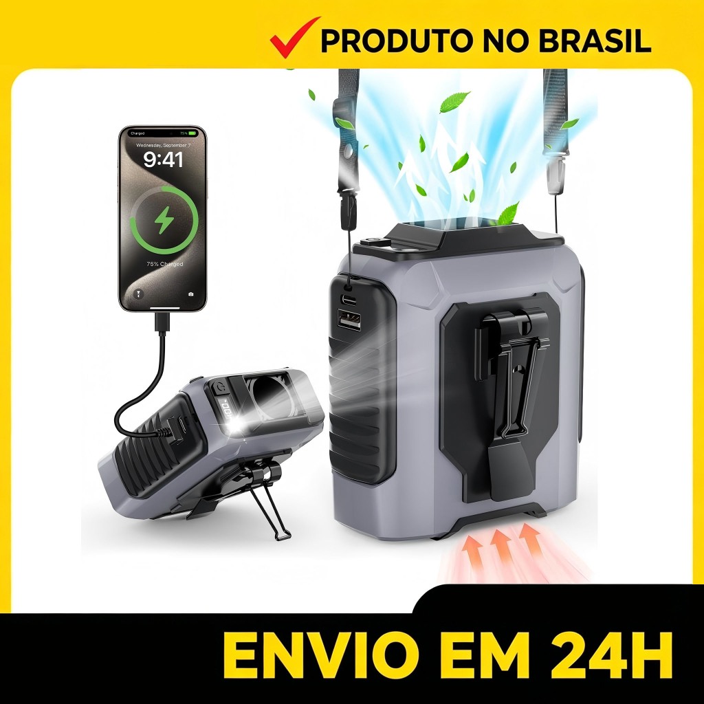 Ventilador Portátil com Refrigeração - 16°C de Resfriamento, Banco de Energia Integrado, Lanterna Inclusa