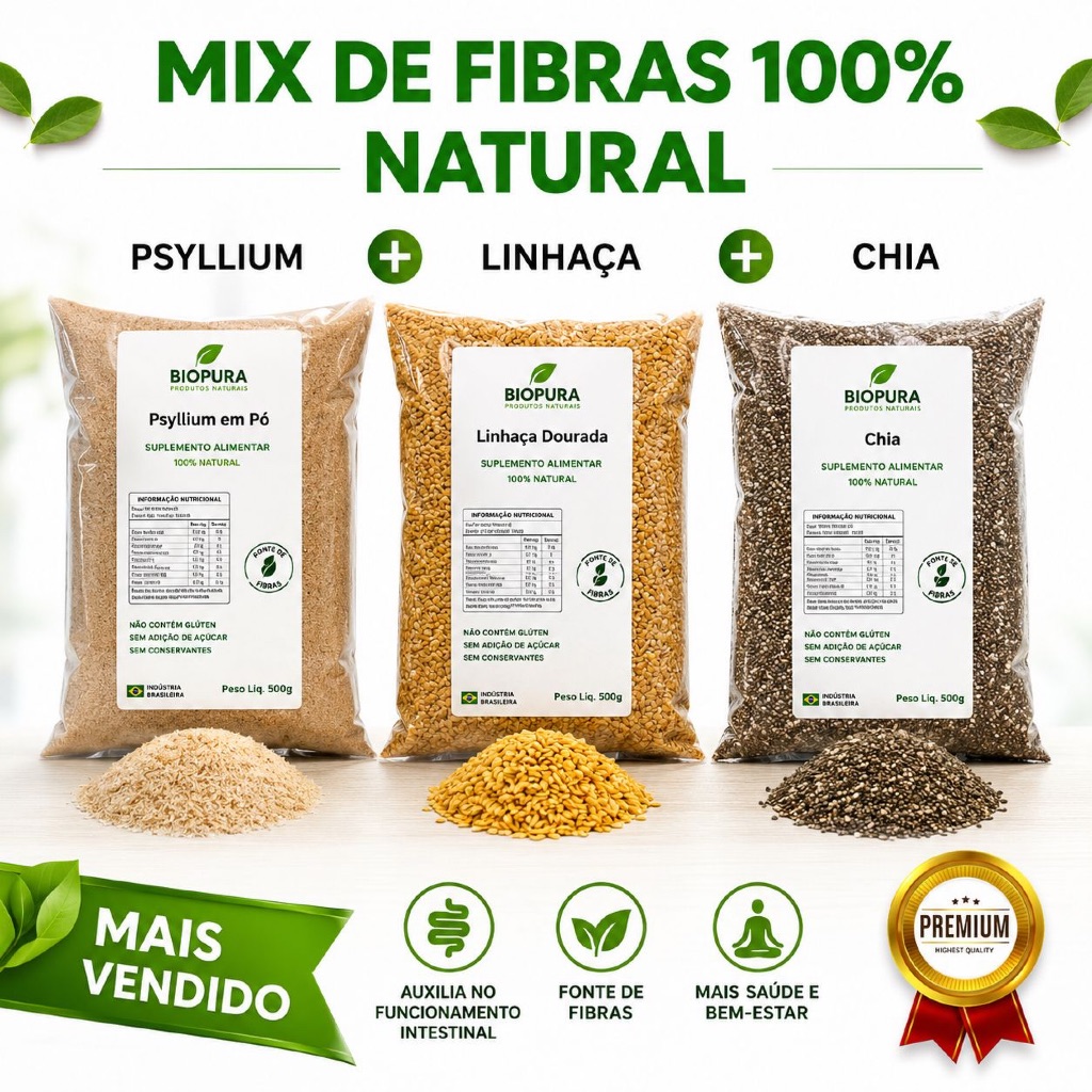 900G De Mix de Fibras Naturais Chia Linhaça Dourada e Psyllium 100% Natural Rico em Fibras Premium Sementes Puras