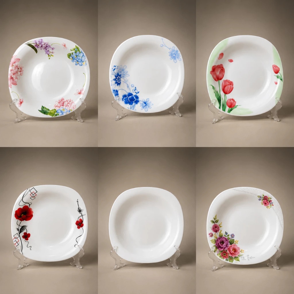 Jogo De 6 Pratos Fundos Opaline Quadrados Para Jantar Resistentes Estampas Elegante