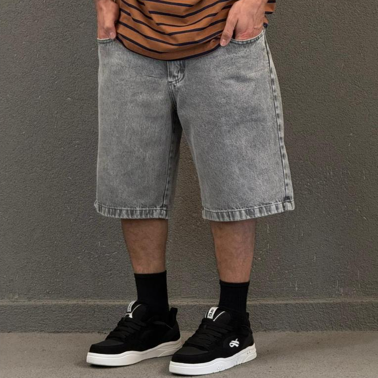 Bermuda Jeans Baggy Balão Oversized Estonada Cinza Masculina Feminina Moda Street Skate
