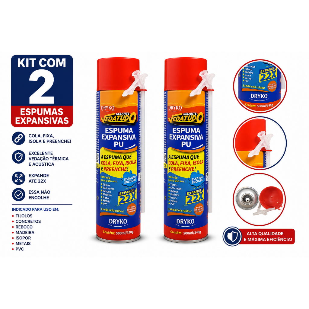 Kit 2 Espuma Expansiva Dryko 500ml Selante PU Uso Geral Madeira Portas Janelas Construção Vedação
