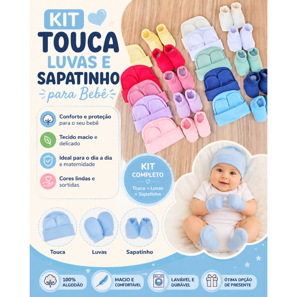 Touca Bebê + Luvas + Sapatinho Pantufas Enxoval Recém Nascido Maternidade