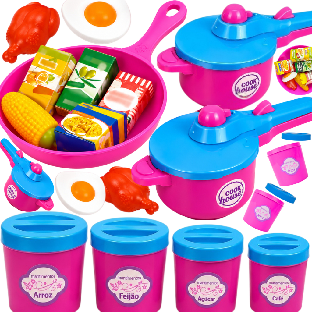 Kit Cozinha Infantil de Brinquedo 24 pçs Faz de Conta Panelas Comidinhas Xícaras Acessórios