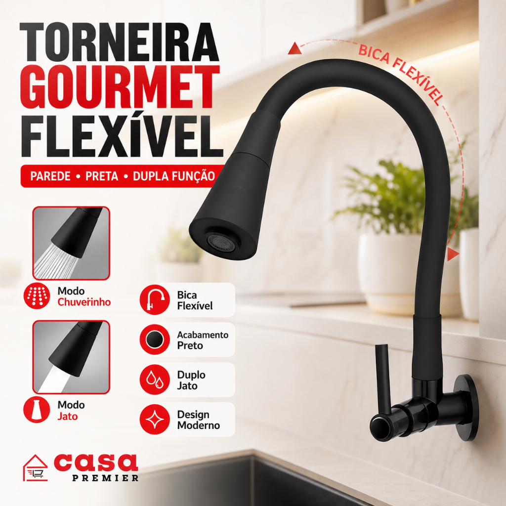Torneira Gourmet Cozinha Parede Pia Flexível Preta Dupla Função Abs